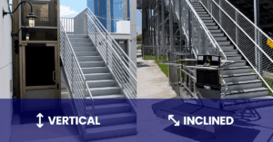 A side-by-side comparison of two types of outdoor accessibility lifts on metal staircases: a Vertical Platform Lift (VPL) on the left, which moves straight up and down, and an Inclined Platform Lift (IPL) on the right, which travels along the angle of the stairs.