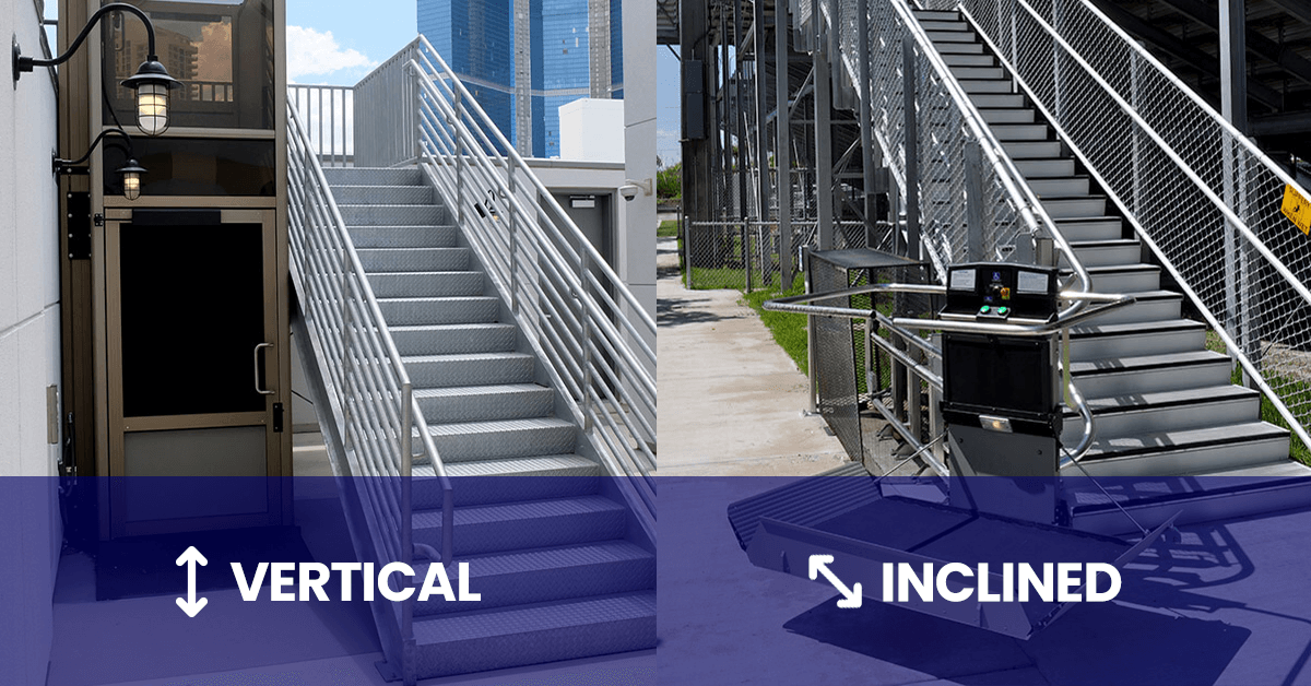 A side-by-side comparison of two types of outdoor accessibility lifts on metal staircases: a Vertical Platform Lift (VPL) on the left, which moves straight up and down, and an Inclined Platform Lift (IPL) on the right, which travels along the angle of the stairs.