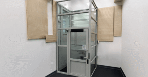 Enclosed vertical platform lift installed at a commercial building entrance in Dallas-Fort Worth