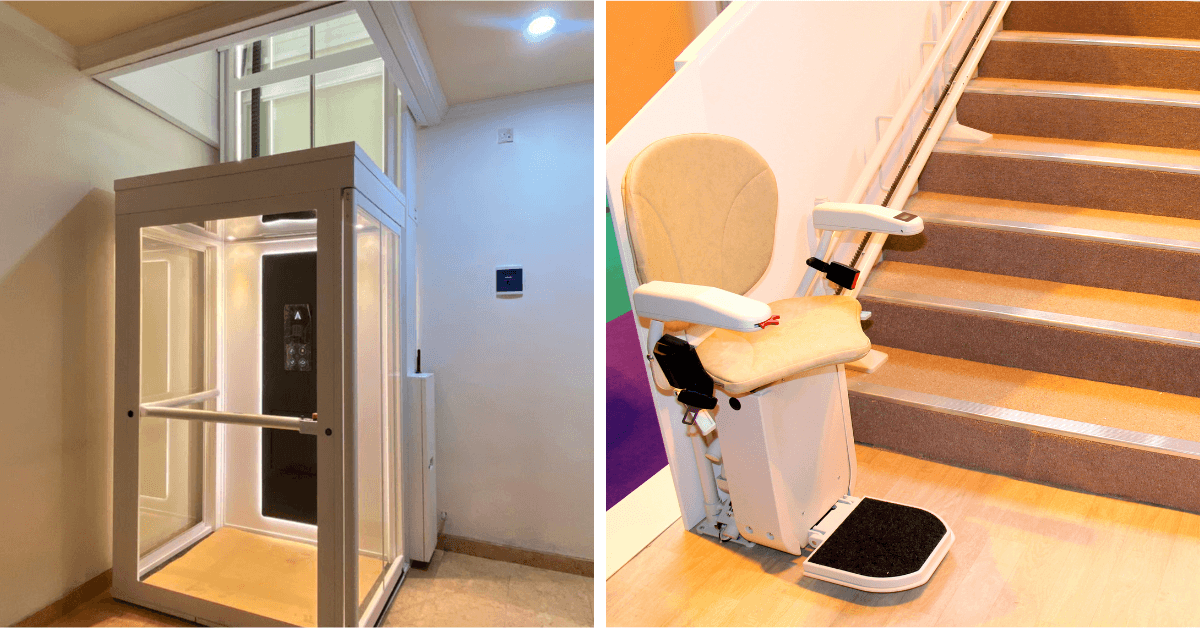 Residential elevator installed in a North Texas home compared with a stair lift solution for aging-in-place accessibility