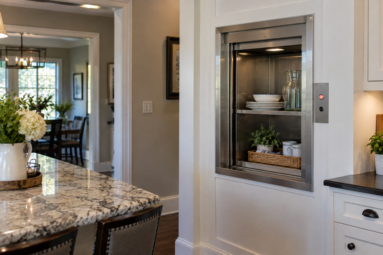 A residential dumbwaiter retrofitted into an existing North Texas home, showing the compact shaft and cabinetry finish
